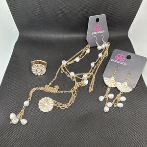 Paparazzi Gold Tone Crystal & Pearl Jewelry Set Necklace Earrings Ring